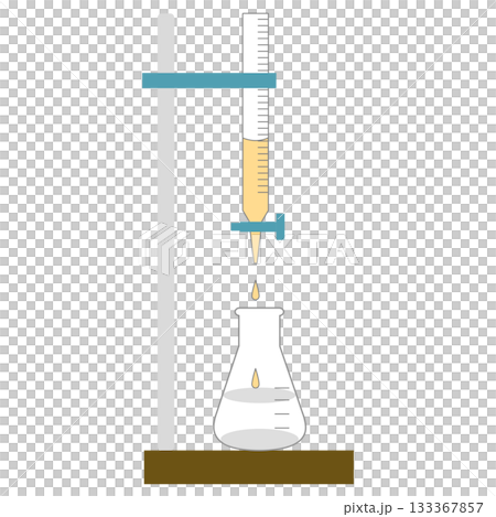 Chemistry Titration Laboratory Setup with Burette, Stand, and Erlenmeyer Flask, Scientific Measurement Experiment 133367857