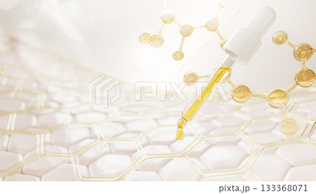 3d dropper with gold oil drop on skin layer. Liquid honeycomb cell texture with molecule. Vitamin serum for face with hyaluronic acid, retinol, collagen. Cosmetic skincare background. 3D illustration 133368071