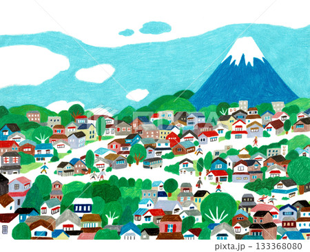 手描きイラスト 富士山の見える町とそこに住々む人 手描きイラスト 富士山の見える町とそこに住々む人 133368080
