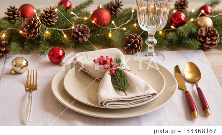 Christmas table setting with elegant white plates, gold cutlery, and fir napkin decoration, surrounded by festive lights and pinecones on white linen. 133368167