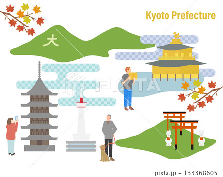 京都の風景と旅行者のイメージのイラストセット 133368605