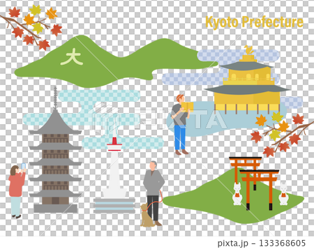 京都の風景と旅行者のイメージのイラストセット 133368605