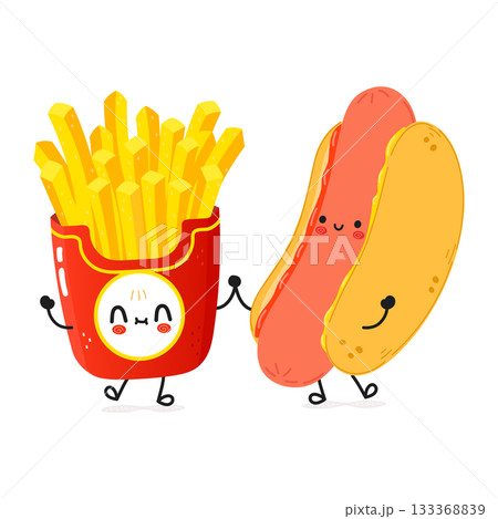 Hot dog and fries holding hands illustrating friendship Hot dog and fries holding hands illustrating friendship 133368839
