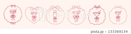 Whimsical cocktails with bow in coquette round frame, pink vector illustrations set, doodle for party invitation Whimsical cocktails with bow in coquette round frame, pink vector illustrations set, doodle for party invitation 133369134