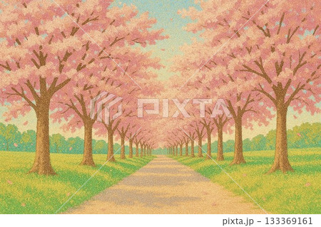 満開の桜並木　桜　春　街路樹　砂絵風 133369161