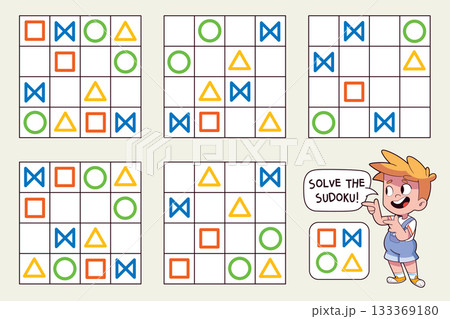 Set of picture sudoku puzzles with colored shapes 133369180