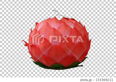Traditional Korean Lotus Flower Lantern with Vibrant Red Petals Symbolizing Enlightenment and Peace, Perfect for Cultural and Religious Festival Decoration 133369211