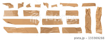 Brown scotch tape set, adhesive tape pieces isolated 133369288