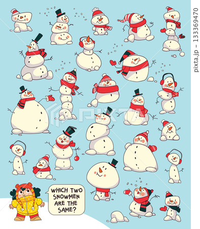 Find two identical snowmen puzzle for kids. Educational game 133369470