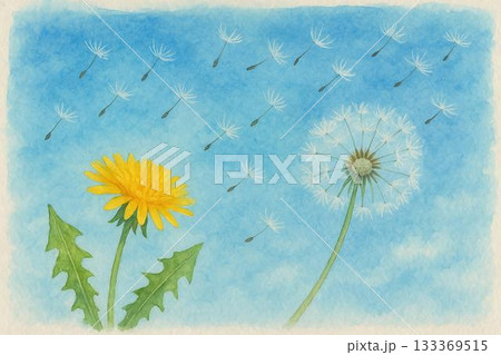 タンポポ　綿毛　春　青空　水彩画 133369515