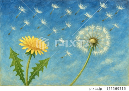 タンポポ　綿毛　春　青空　油彩画 133369516