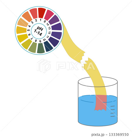 pH Paper Test Strips Submerged in Solution and Compared to Color Chart, Chemistry Scientific Measurement 133369550