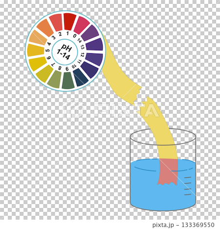 pH Paper Test Strips Submerged in Solution and Compared to Color Chart, Chemistry Scientific Measurement 133369550