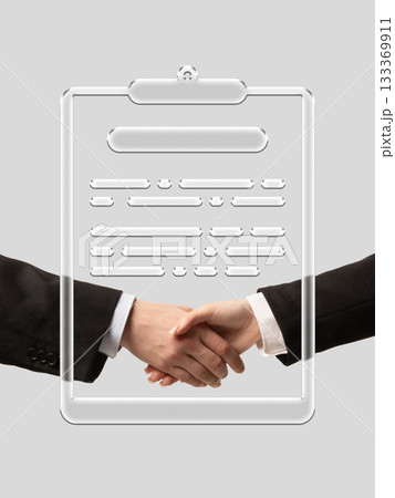 Clean composition. Handshake inside glossy clipboard outline with trusting emotion 133369911