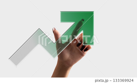 Clean artwork of female hand touching green upward arrow symbol with confident emotion 133369924