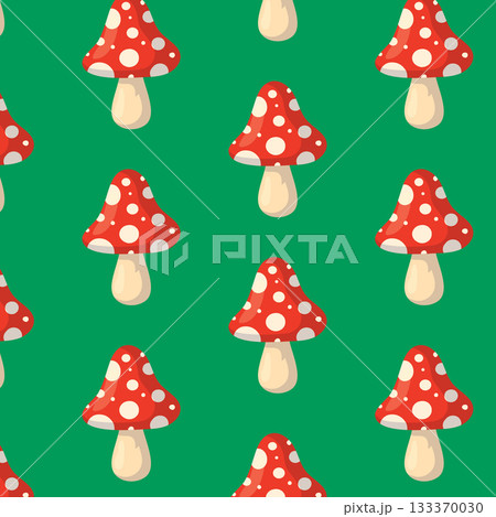 Vector seamless pattern with red and white mushrooms on green background. Cute nature-inspired design for wrapping paper, fabric, or woodland decorations. Vector seamless pattern with red and white mushrooms on green background. Cute nature-inspired design for wrapping paper, fabric, or woodland decorations. 133370030
