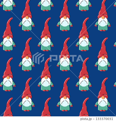 Vector seamless pattern with Christmas gnomes in red hats on dark blue background. Festive winter illustration for wrapping paper, textiles, or holiday projects. 133370031