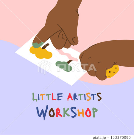Black child paints with finger paints. Little artist draws by hands. Children sensory, motor skills, creativity and imagination development playing concept. 133370090