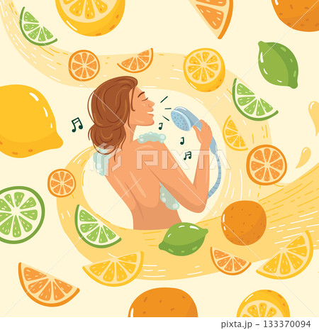 A girl sings in the shower, splashed with juice. Flying lemon and orange in fresh citrus juicy. 133370094