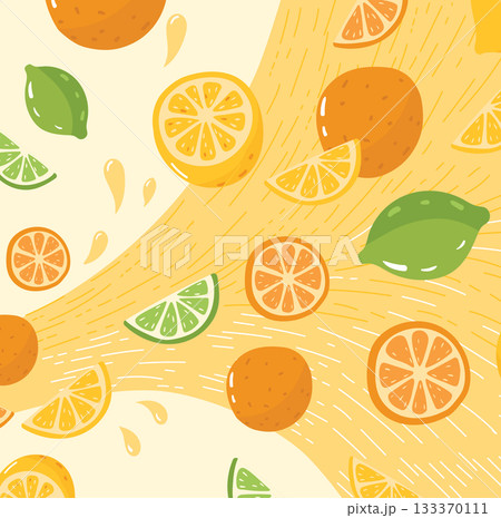 Flying lemon and orange in fresh citrus juicy. Flowing lemonade on background Flying lemon and orange in fresh citrus juicy. Flowing lemonade on background 133370111
