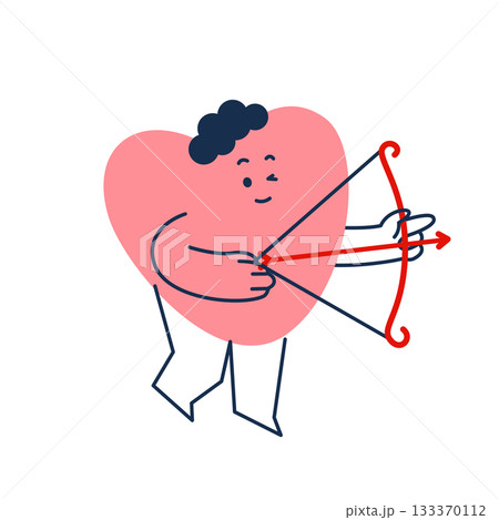 Retro groovy cartoon lovely heart mascot. Valentines Day cute character with bow and arrow. Retro groovy cartoon lovely heart mascot. Valentines Day cute character with bow and arrow. 133370112