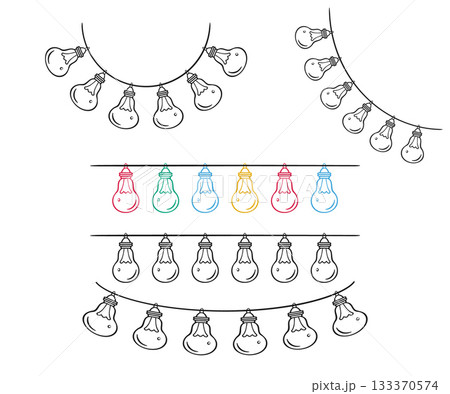 Holiday light bulb garland set. Outline black marker ink contour, cute coloured doodle sketch style, hand drawn blob stroke line. Festive string party graphic web design. Vector illustration 133370574
