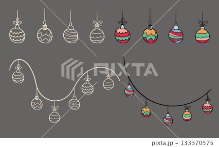Festive Christmas ball set, hand drawn garland decorative ornamental white outline border collection, cute bright colourful flat sketch style design, playful string for card, web project. Vector 133370575
