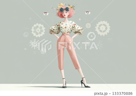 絵美シリーズ:歯車とドローンが舞うパンク調コンセプトビジュアル(AIサイバー少女) 絵美シリーズ:歯車とドローンが舞うパンク調コンセプトビジュアル(AIサイバー少女) 133370886