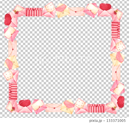Watercolor Illustration of Envelopes with Hearts Border 133371005