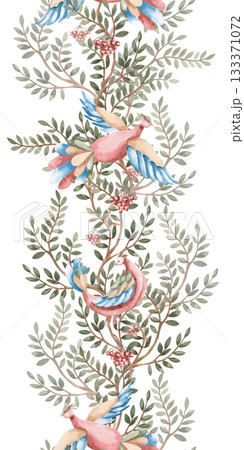 A vertical seamless border featuring stylized flying birds against a backdrop of curved branches and rowan berries. Isolated watercolor illustration for interior design, textiles, apparel printing. 133371072