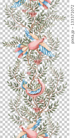 A vertical seamless border featuring stylized flying birds against a backdrop of curved branches and rowan berries. Isolated watercolor illustration for interior design, textiles, apparel printing. 133371072