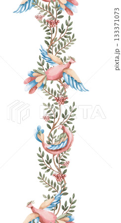 A vertical seamless border featuring stylized flying birds against a background of branches and berries. Isolated watercolor illustration for interior design, textiles, apparel printing. 133371073