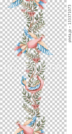 A vertical seamless border featuring stylized flying birds against a background of branches and berries. Isolated watercolor illustration for interior design, textiles, apparel printing. 133371073