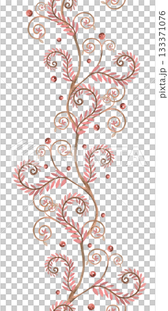 A vertical seamless border with stylized rose branches. Isolated watercolor illustration in a folk style for interior design, textiles, apparel printing, and packaging. 133371076