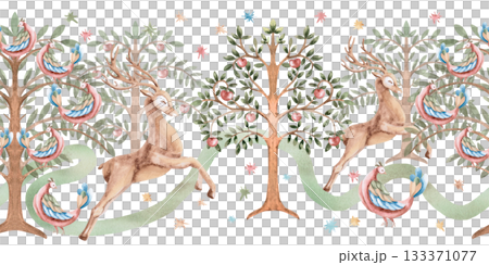 A seamless border featuring a stylized running deer with trees, birds, and a winding path. A fabulous isolated watercolor illustration for interior design, textiles, apparel printing, and packaging. A seamless border featuring a stylized running deer with trees, birds, and a winding path. A fabulous isolated watercolor illustration for interior design, textiles, apparel printing, and packaging. 133371077