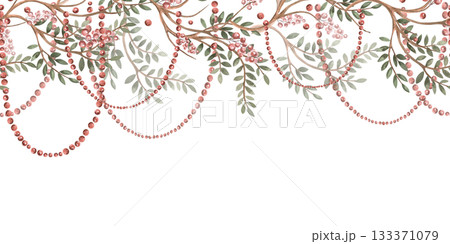 Seamless top border with branches and rowan berry beads. Isolated watercolor illustration for interior design, textiles, apparel printing, and packaging. 133371079