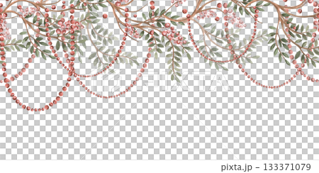 Seamless top border with branches and rowan berry beads. Isolated watercolor illustration for interior design, textiles, apparel printing, and packaging. 133371079