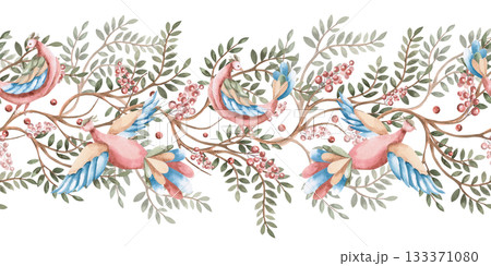 A seamless border with branches with leaves, berries, and stylized flying birds. Isolated watercolor illustration for interior design, textiles, apparel printing, and packaging. 133371080