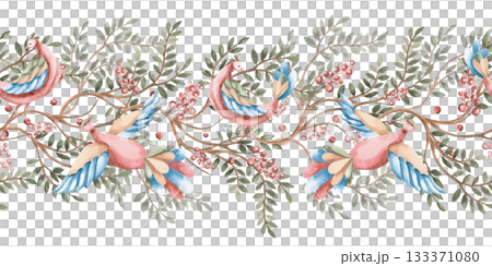 A seamless border with branches with leaves, berries, and stylized flying birds. Isolated watercolor illustration for interior design, textiles, apparel printing, and packaging. 133371080