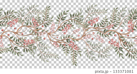 Seamless border with branches with leaves and berries. Isolated watercolor illustration for interior design, textiles, clothing printing, and packaging. Seamless border with branches with leaves and berries. Isolated watercolor illustration for interior design, textiles, clothing printing, and packaging. 133371081