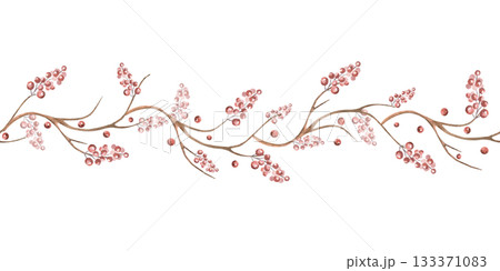 Seamless border with bare branches and berries. Isolated watercolor illustration for interior design, textiles, apparel printing, and packaging. Seamless border with bare branches and berries. Isolated watercolor illustration for interior design, textiles, apparel printing, and packaging. 133371083