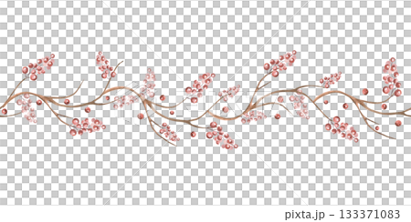 Seamless border with bare branches and berries. Isolated watercolor illustration for interior design, textiles, apparel printing, and packaging. 133371083