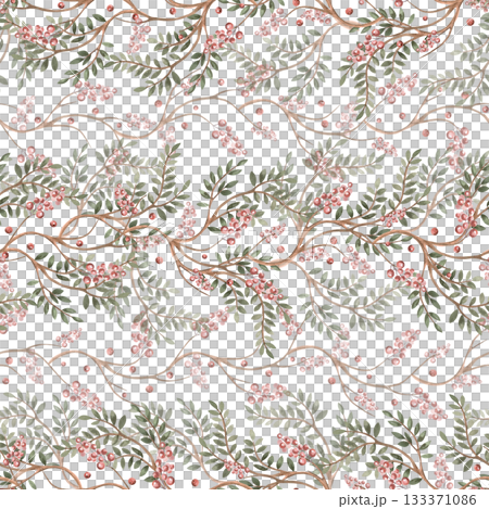 A seamless pattern with horizontal branches and berries on a brown background. Watercolor illustration for interior design, apparel and fabric printing, project design, and packaging. 133371086