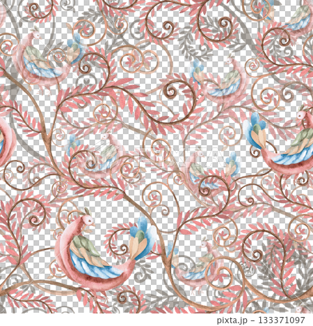 A seamless pattern with stylized birds and pink branches on a bright blue background. Watercolor illustration for interior design, printing on clothing and fabric, project design, and packaging. 133371097