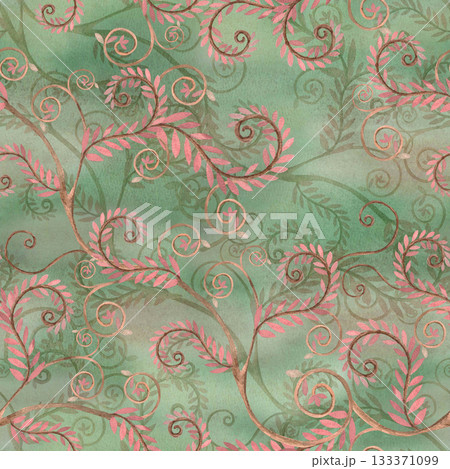 A seamless pattern with stylized rose branches on a soft green background. Watercolor illustration for interior design, printing on clothing and fabric, project design, and packaging. 133371099