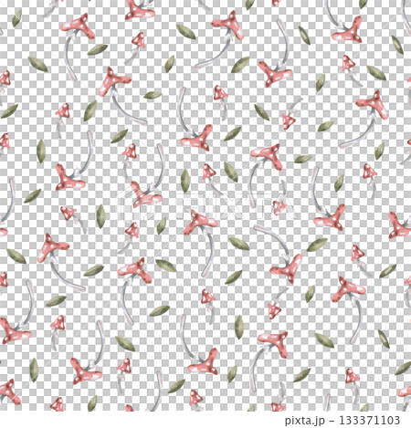 Seamless pattern with fly agaric mushrooms and leaves. Watercolor illustration for interior design, printing on clothing and fabric, decorating cafes and restaurants, and packaging design. Seamless pattern with fly agaric mushrooms and leaves. Watercolor illustration for interior design, printing on clothing and fabric, decorating cafes and restaurants, and packaging design. 133371103