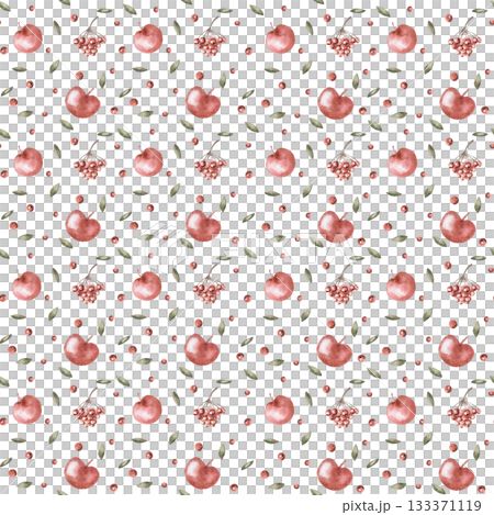 A seamless pattern with apples, rowan berries, and berries. Watercolor illustration for children's room design, apparel, packaging, and fabric printing. A seamless pattern with apples, rowan berries, and berries. Watercolor illustration for children's room design, apparel, packaging, and fabric printing. 133371119