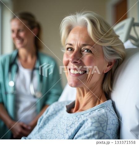 Smiling patient enjoys care from friendly nurse in hospital Generative AI Smiling patient enjoys care from friendly nurse in hospital Generative AI 133371558