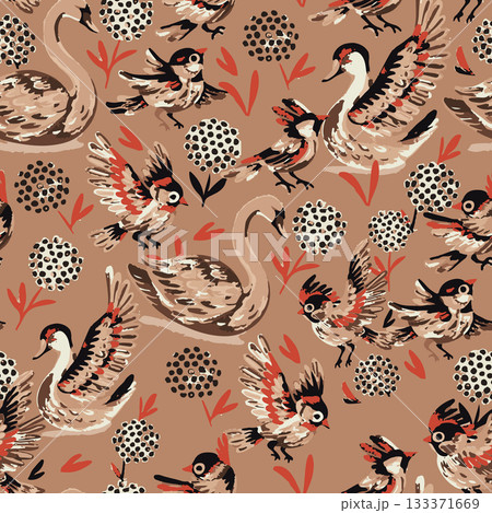 Retro style seamless pattern with whooper swans, coal tits and Alyssum flowers on a warm background. Great for fabric, wallpaper, apparel and printing 133371669
