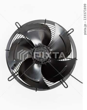 Black industrial metal fan on a white background. Ventilation equipment. 133371699